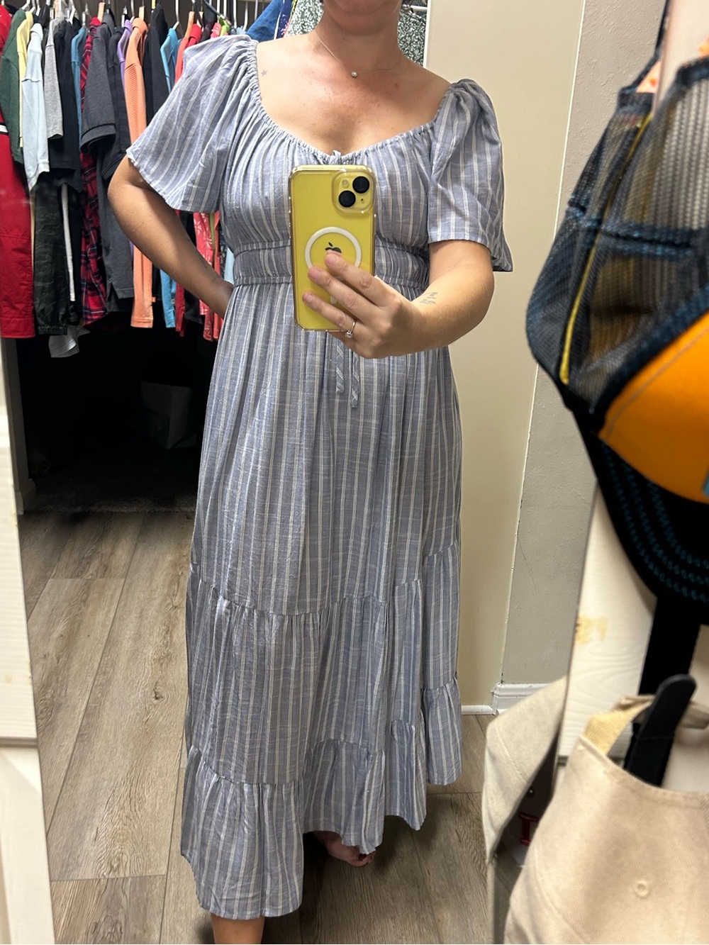 Blue and White Striped Maxi Dress with Flowy Short Sleeves